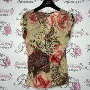 Y2K orange USA shirt fairy sleeves cheetah print gold cream brown cinched front